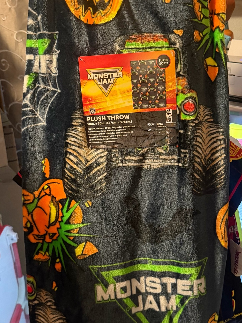 Monster Jam Plush Throw Blanket - Black with Orange & Green